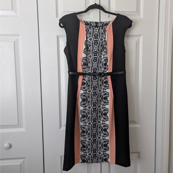 Soho Women’s Sleeveless Sheath Dress Size 8 Black White Pink Damask Belted - Picture 1 of 3